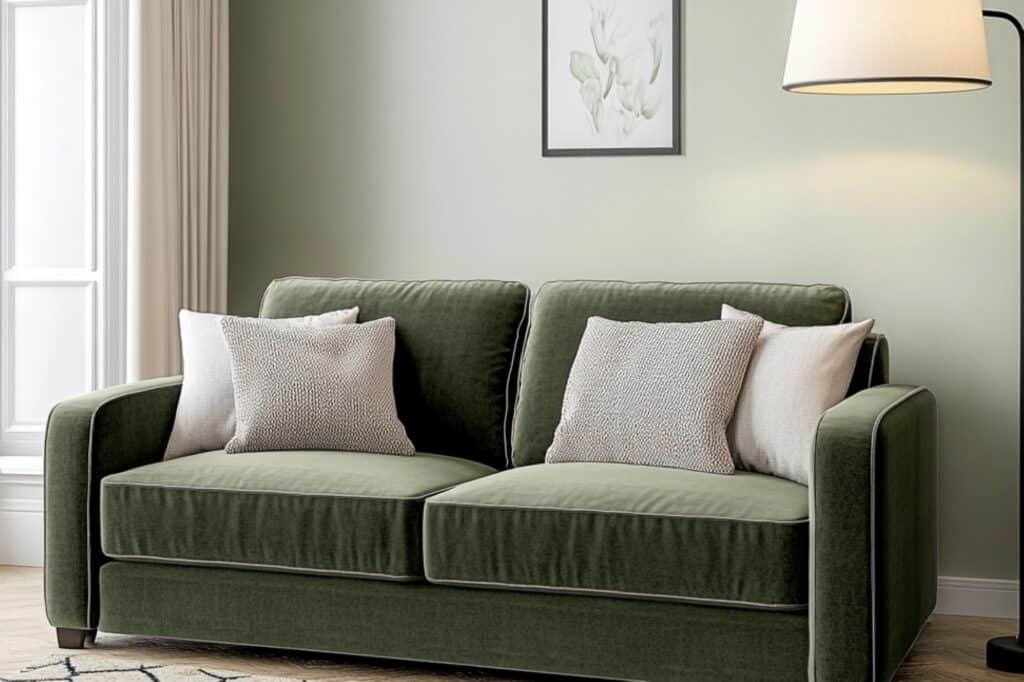 A green sofa in an elegant living room in the concept of 'how to pack household items safely for a move to Woolwich'.